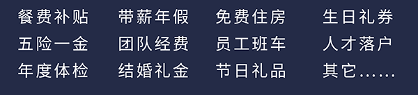 人生就是博员工福利：餐费补贴、五险一金、年度体检、带薪年假、团队经费、结婚礼金、免费住房、员工班车、节日礼品、生日礼券、人才落户、其它……